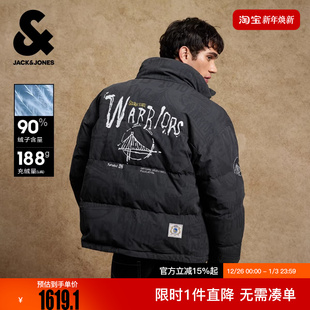 杰克琼斯NBA联名勇士队男装 满印字母宽松立领保暖外套 羽绒服春季