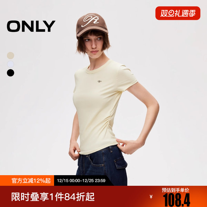 ONLY2025秋季新款侧腰抽褶肩基础款舒适亲肤圆领T恤女|126101093