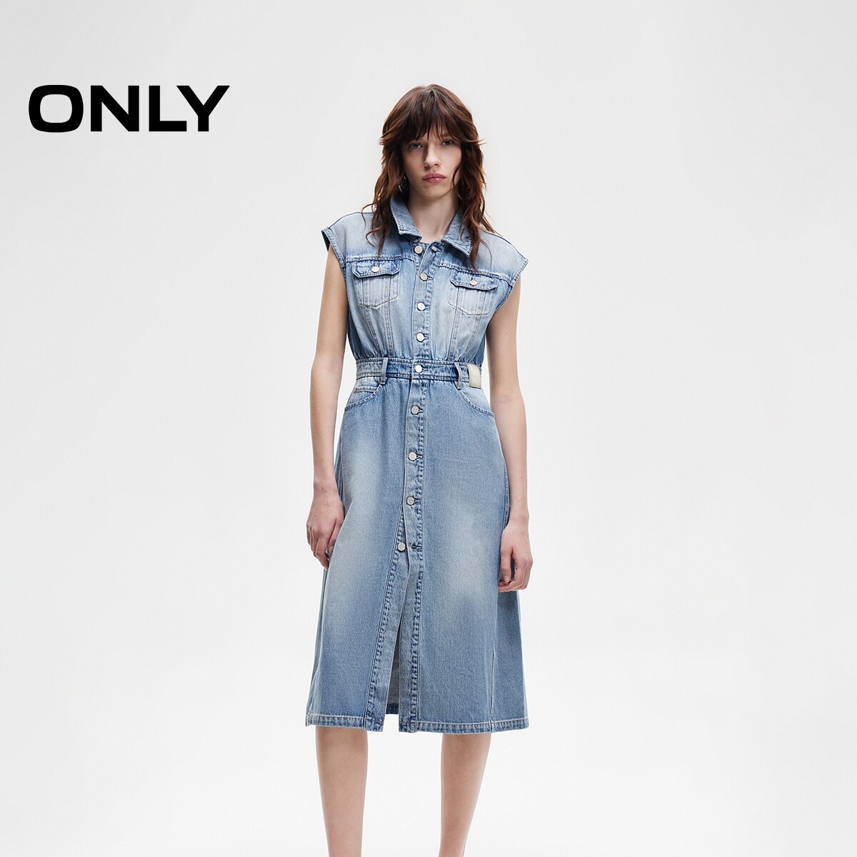 ONLY2025秋冬新款翻领高腰中长款无袖牛仔裙连衣裙女|125142028