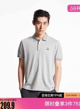 绫致杰克琼斯冬新款百搭商务休闲logol贴布宽松翻领短袖上衣