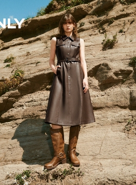ONLY2025秋季新款复古PU皮革可调节腰带收腰连衣裙女|12547Y001