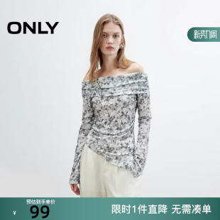 125302030 捏褶T恤女 ONLY2025冬新款 性感一字肩晕染印花长袖