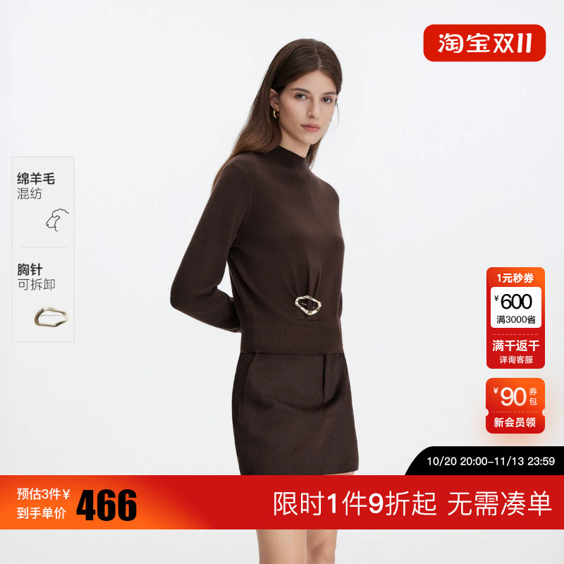 绫致Vero Moda针织衫女2026秋冬新款含绵羊毛胸针捏褶小高领上衣