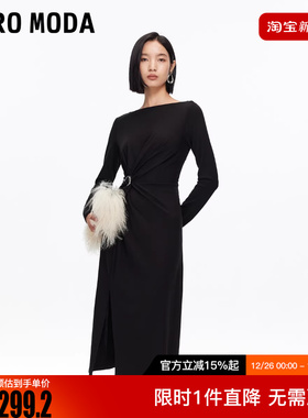 Vero Moda连衣裙2025冬新款底摆开叉金属扣收腰中长裙时髦大气