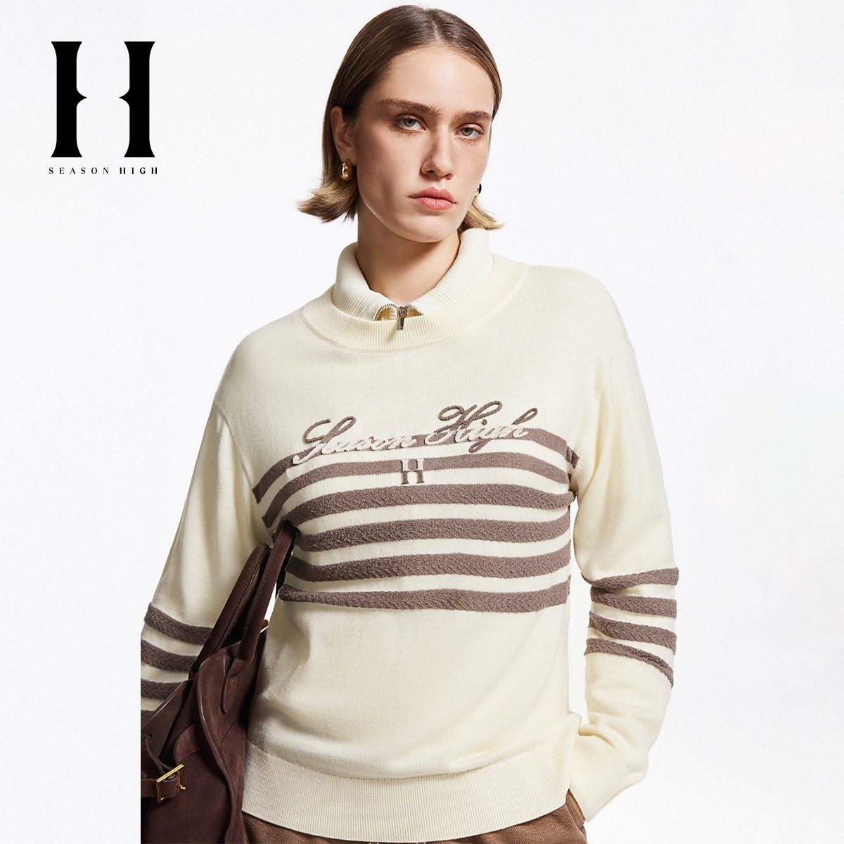SEASON HIGH冬季新款百搭衣身撞色毛巾圆领质感毛衣针织衫,女装/女士精品,毛针织衫,淘宝优惠券,粉丝福利购,淘宝优惠卷