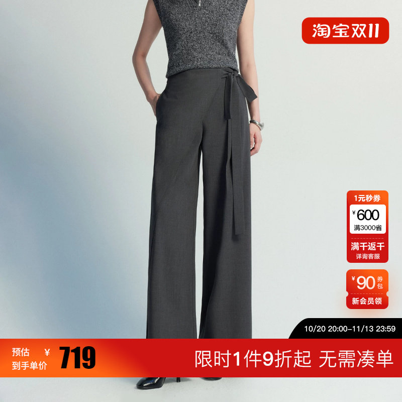 绫致Vero Moda休闲裤女2026秋上新系带斜门襟挂扣拉链阔腿裤