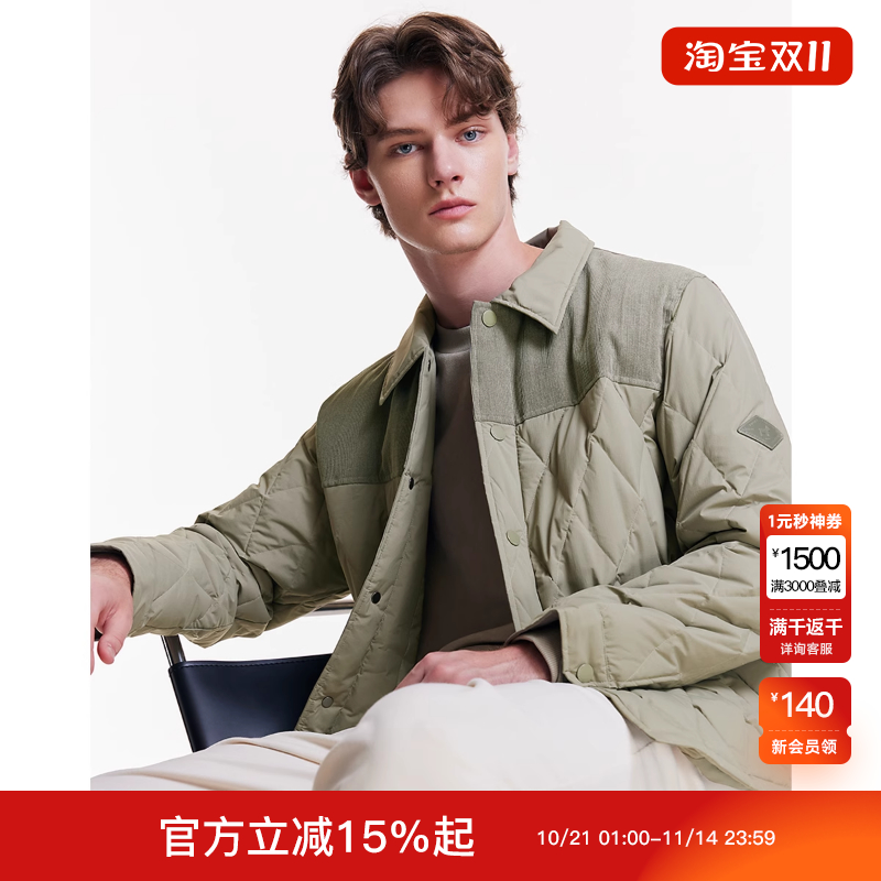 绫致杰克琼斯男冬新衬衫式轻薄羽绒服男保暖拼接夹克外套短款潮
