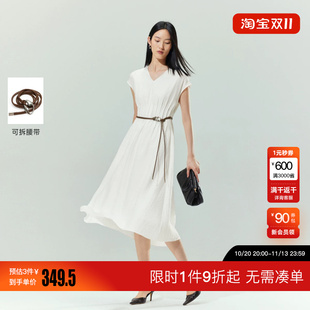 绫致Vero Moda连衣裙2026秋季新款可拆腰带腰部压褶V字领A字长裙