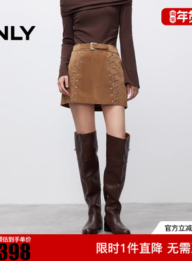 ONLY2025冬新款波希风显瘦绑带A字真皮短裙半身裙女|12539M002