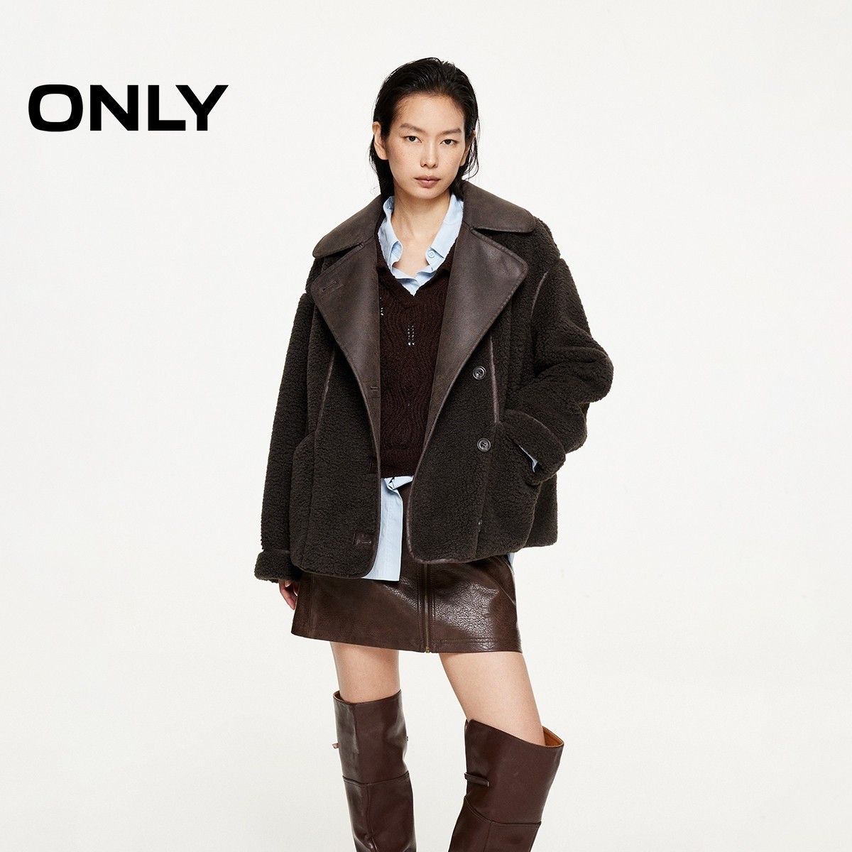 ONLY2025秋季新款设计感毛绒皮革拼接宽松棉服外套女|125422011