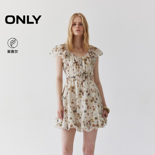 ONLY2025冬新款晕染印花荷叶边袖口花苞裙连衣裙女|125307023