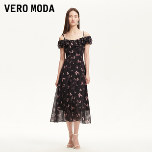 Vero Moda连衣裙女2025冬季新款荷叶边领口蝴蝶印花长裙甜美优雅