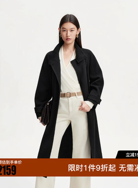 绫致Vero Moda2026秋上新毛呢大衣女含腰带后开叉高领长款双面呢