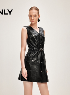 ONLY2026春季新款摩登酷感V领收腰显瘦PU短裙连衣裙女|12617Y002