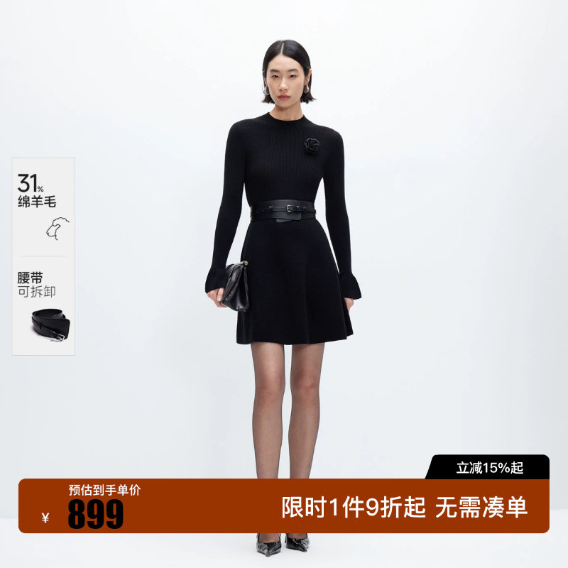 绫致Vero Moda2026秋冬新款连衣裙花卉胸针可拆腰带圆领针织裙
