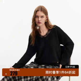 绫致ONLY2026秋新款慵懒风纯色蕾丝边V字领口针织衫上衣女