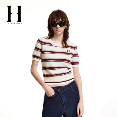 SEASONHIGH冬季精致刺绣舒适撞色条纹提花短袖半袖针织衫毛衣女装