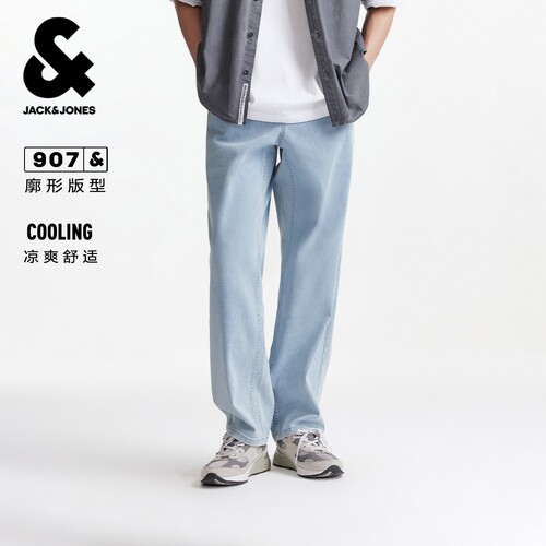 杰克琼斯春季新款松紧抽绳时尚百搭复古水洗阔腿裤牛仔裤长裤子