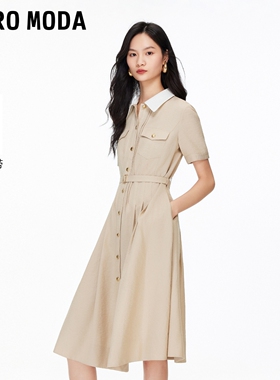 Vero Moda连衣裙26春季新款撞色翻领腰带A摆高腰衬衫裙32617B002