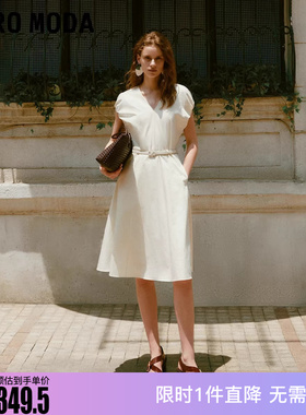 Vero Moda连衣裙2025冬新款纯棉V领腰带装饰纯色伞摆32537A015