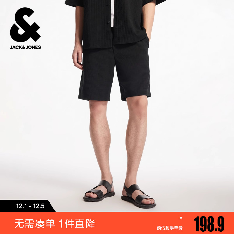 杰克琼斯冬时尚百搭宽松抽绳腰头刺绣图案男士五分休闲短裤男装