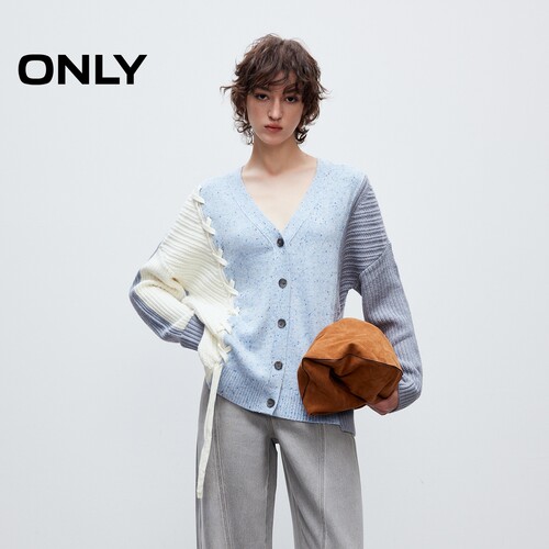 ONLY2025冬新款宽松落肩V领拼接开衫毛衣针织衫女|12533B002
