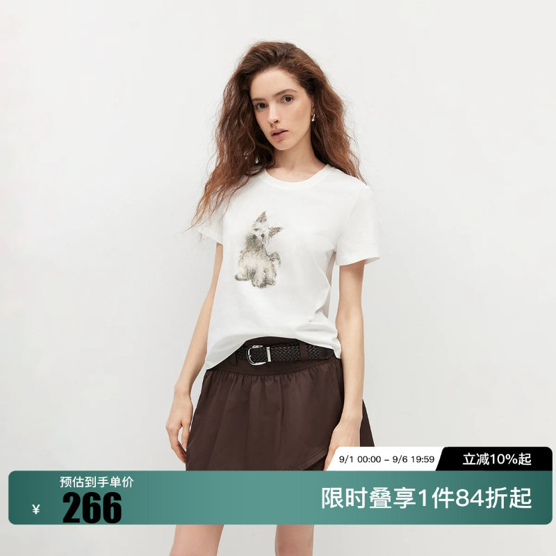 绫致ONLY2026春季新款萌宠手绘小狗图案正肩圆领短袖T恤女图片