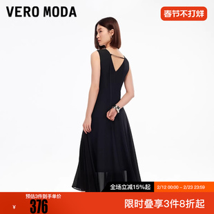 Vero Moda连衣裙2025冬新款V领收腰后身镂空小黑裙32537A019