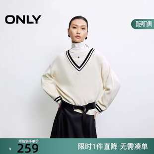女 航海系撞色V领宽松假两件针织衫 125413043 新款 ONLY2025冬季