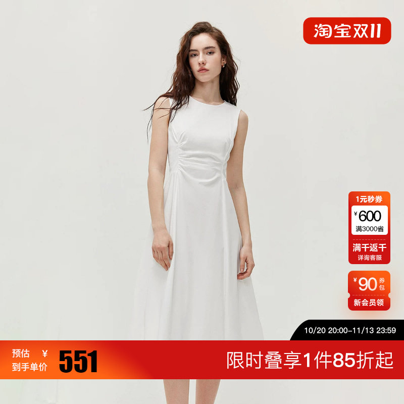 绫致ONLY2026夏季新款优雅圆领捏褶花苞连衣裙无袖裙子女