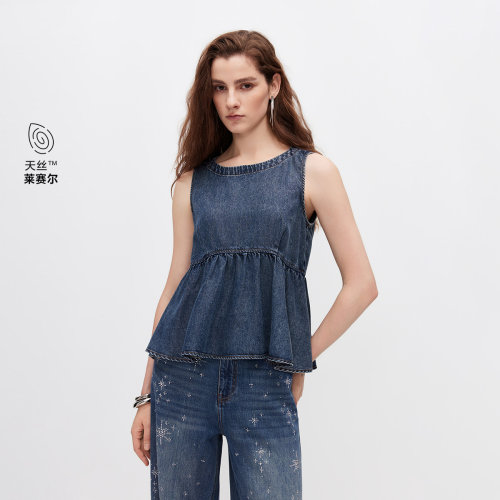 绫致ONLY2026夏季新款天丝抽褶荷叶下摆上衣无袖牛仔T恤女