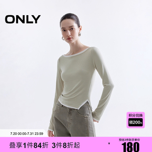 125302017 ONLY2025夏季 新款 拼色假两件显瘦一字领正肩长袖 T恤女