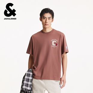 杰克琼斯男装NBA联名款公牛队纯棉休闲肌理感字母胶印宽松短袖T恤