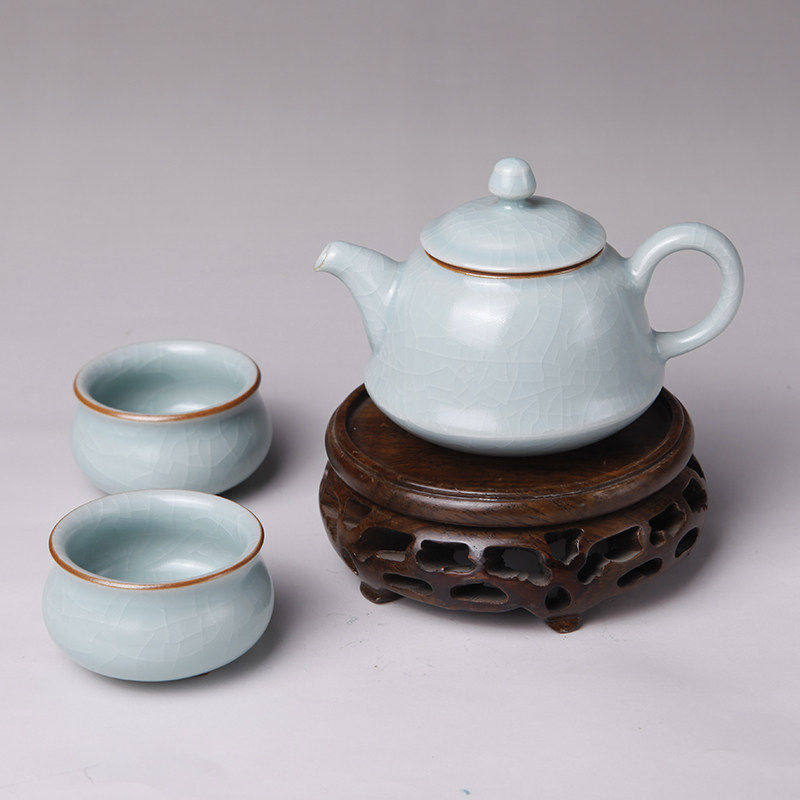 台湾开片豆青釉汝窑整套功夫茶具
