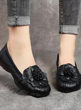 正品中年妈妈鞋平春底皮女鞋红色牛真风筋软底皮鞋新款民族舒适单