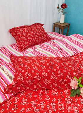 正品红色四件覆套条东北大花布结婚被罩纯棉纹床单古风古典简中式