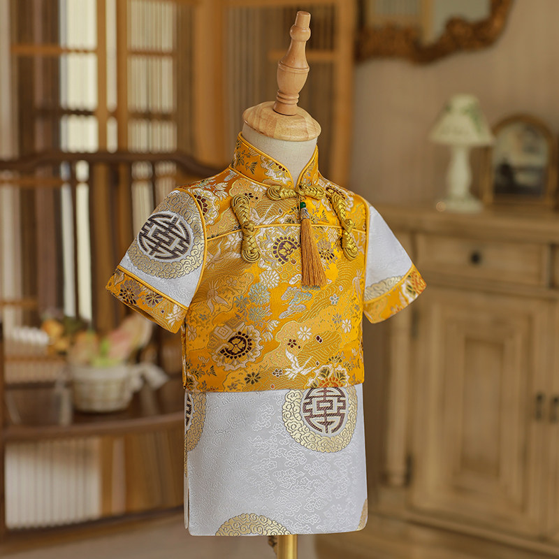 男宝宝周岁夏季男童抓周服中国风拜年服儿童百天宴中式夏