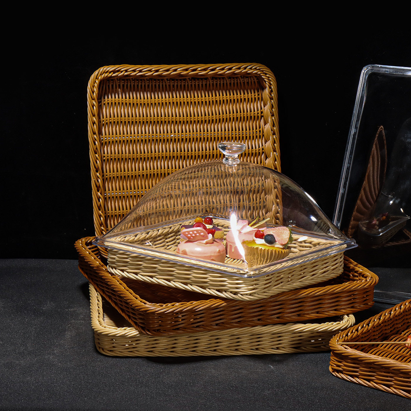 正方形手提仿藤编甜点托盘带盖展示盘面包篮蛋糕点心收纳筐罩食物