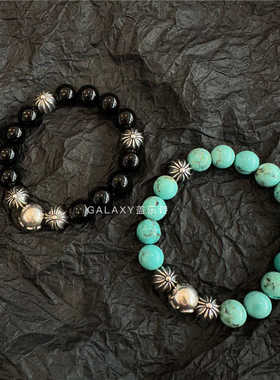 s925纯银10mm天然黑曜石绿松石多银珠十字花时尚潮流男女手串手链