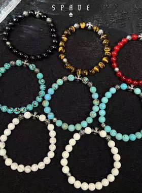 克罗手串8mm天然虎眼石黑曜石绿松石红玛瑙白松白贝s925银男女