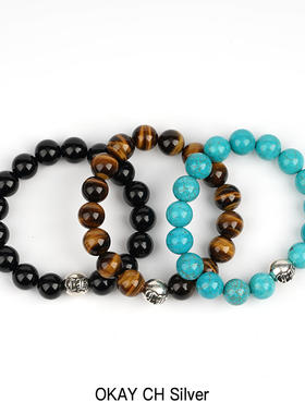 罗心潮流10mm虎眼石绿松石黑曜石925纯银珠子手串手链珠链