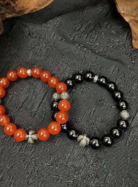 克罗手串10mm天然黑曜石红玛瑙925银四银珠男女同款手链