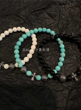 S925纯银天然8mm黑曜石白贝壳十字架转运花珠韩笑同款男女手链