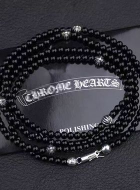 长款黑曜石4㎜黑玛瑙八银珠项链毛衣链实心银珠925银项链