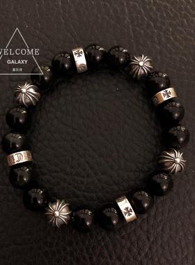 复古做旧剋罗芯s925纯银10mm天然黑曜石 重磅鸢尾花男士手链礼物