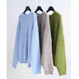 韩单简约圆领粗针毛衣秋冬软糯厚实外穿针织衫套头慵懒百搭上衣女