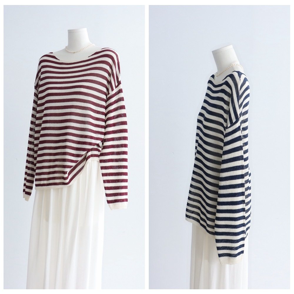 和纸纱一字领条纹针织衫春夏宽松罩衫薄款套头慵懒长袖女CHIC