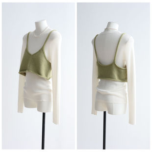 时髦叠穿针织外穿吊带羊毛混纺短款背心26早春韩单V领上衣宽松女