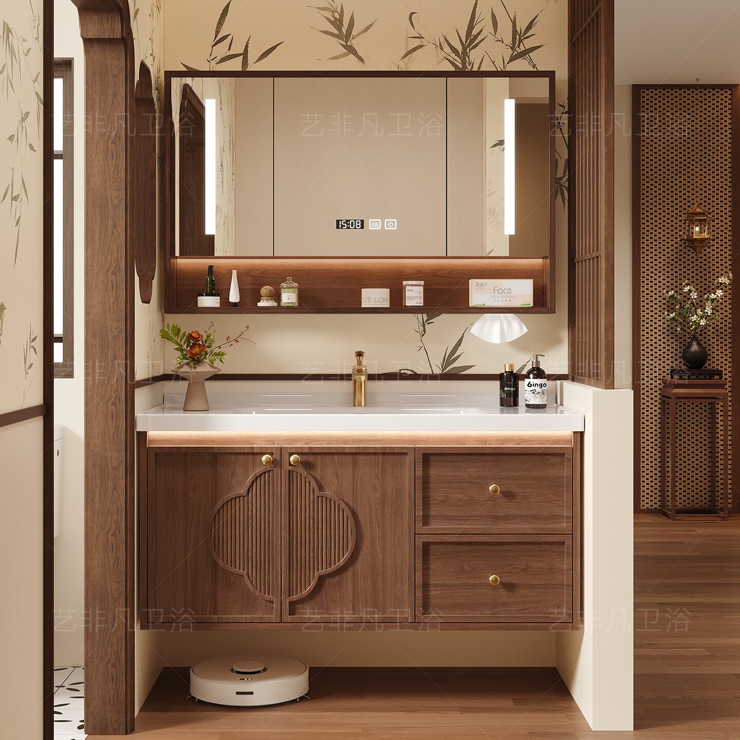 新款宋式美学浴室柜组合卫生间实木陶瓷一体盆洗漱台洗手洗脸盆柜