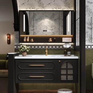 法式复古实木浴室柜组合卫生间陶瓷一体盆黑色洗漱台洗脸池洗手盆